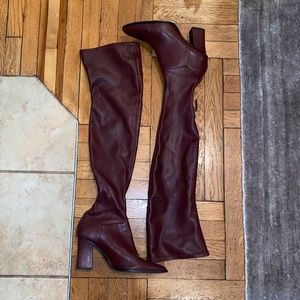 Mango MNG Burgundy Faux Leather Stretch Over The Knee Boots